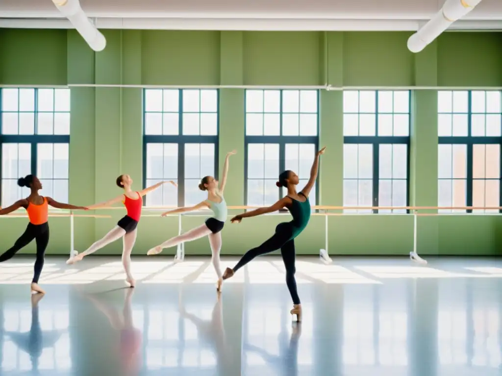 Grupo de bailarines se prepara en un estudio luminoso con comidas preescenario para bailarines, creando camaradería y apoyo