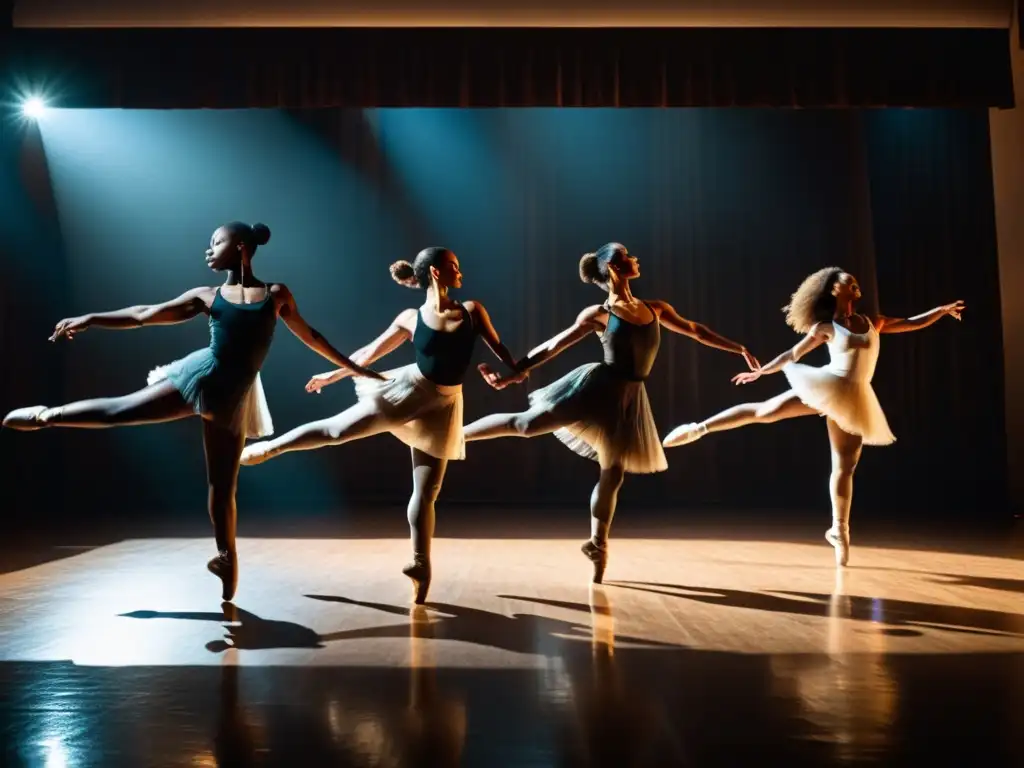 Un grupo de bailarines en un estudio con poca luz, expresando determinación y emoción en su danza