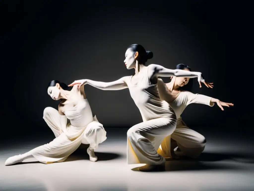 Grupo de bailarines Butoh en estudio minimalista, contorsionando cuerpos en expresión artística