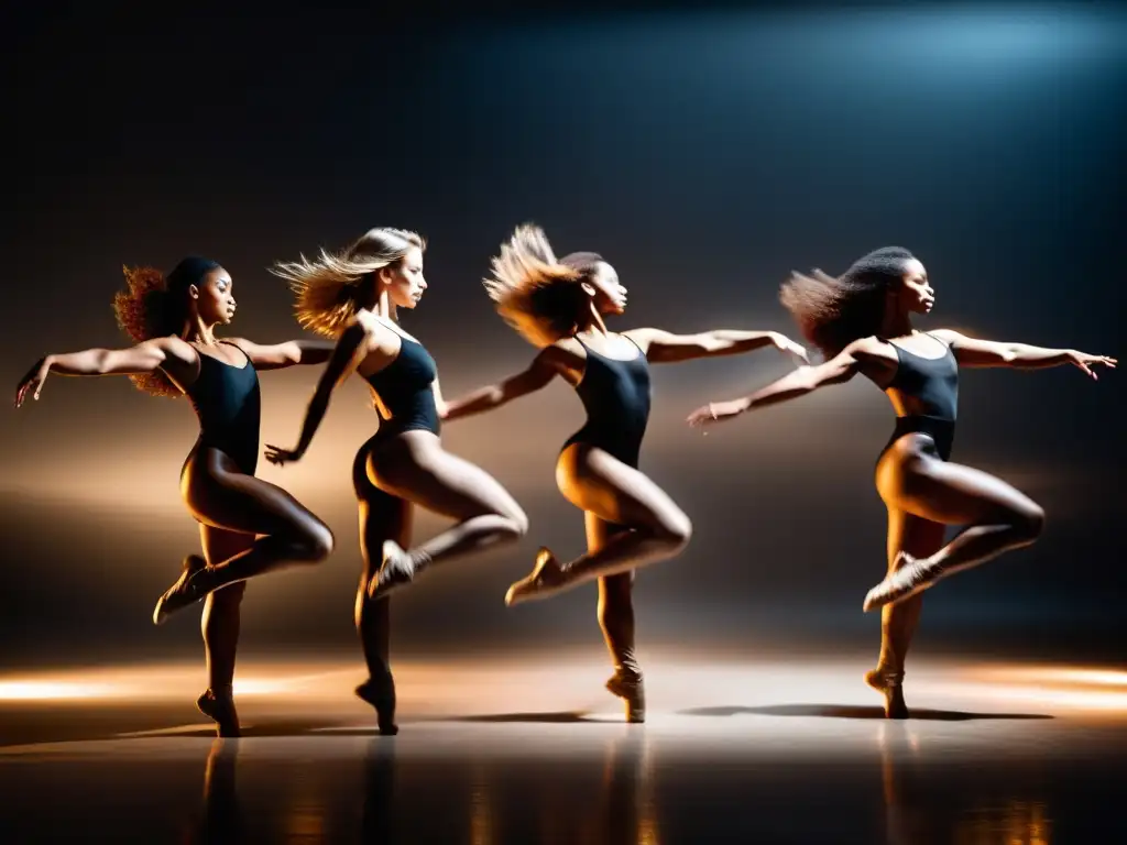 Grupo de bailarines en estudio, movimientos capturados en exposición prolongada, creando un efecto etéreo