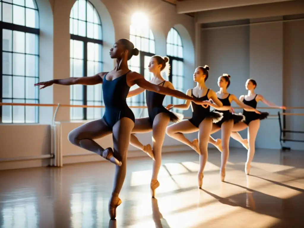 Grupo de bailarines en estudio, ejecutando movimientos sincronizados con intensa concentración y emoción