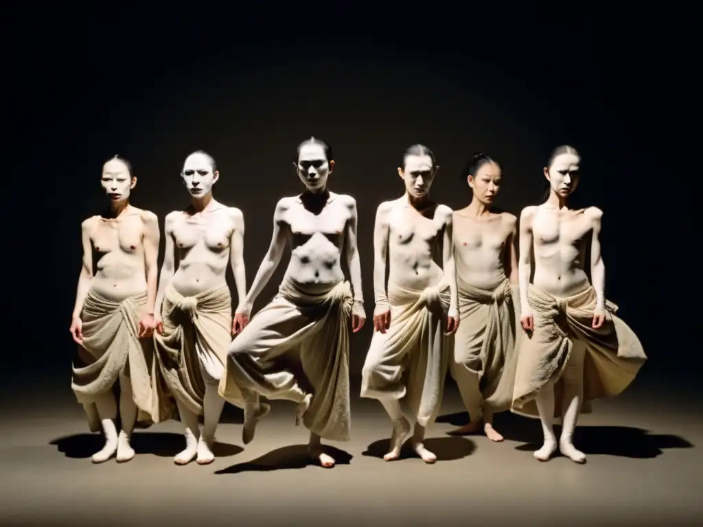 Grupo de bailarines Butoh en estudio oscuro, con poses contorsionadas y maquillaje blanco