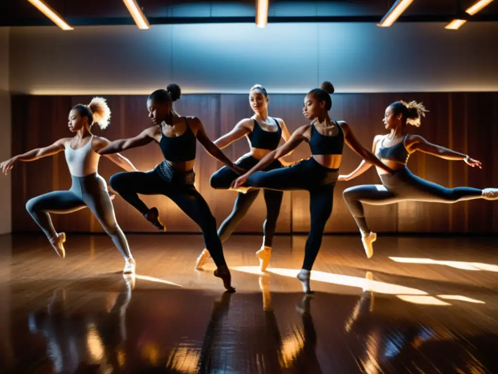 Expresiones apasionadas: Bailarines en pleno vuelo Grupo de bailarines en estudio, saltando con pasión
