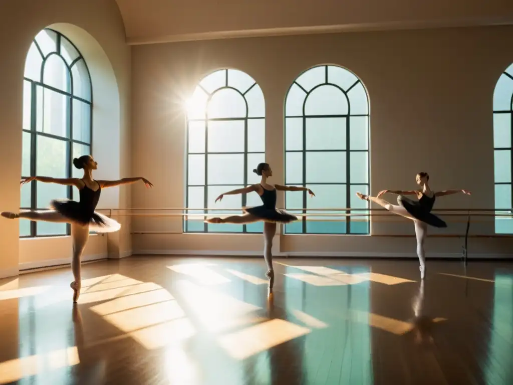 Grupo de bailarines ensayando en un estudio soleado, expresando fuerza y pasión por el arte del ballet