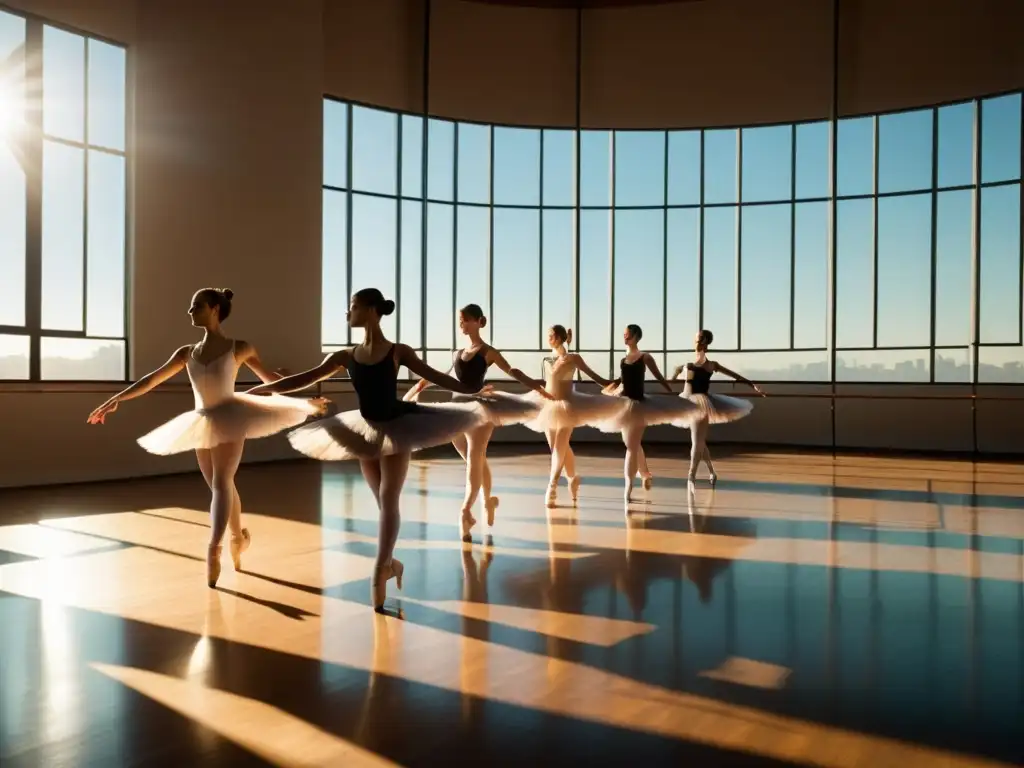 Grupo de bailarines practicando en un estudio soleado con movimientos elegantes