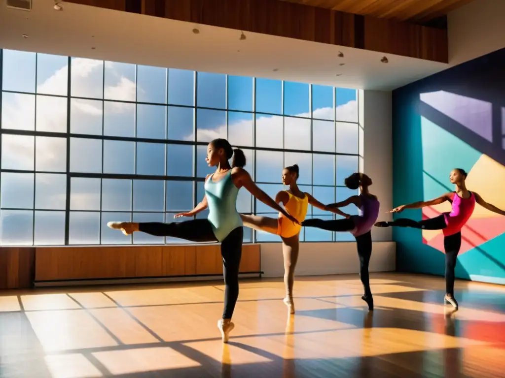 Grupo de bailarines practicando en un estudio soleado, capturando la energía del entrenamiento de danza en clima cambiante