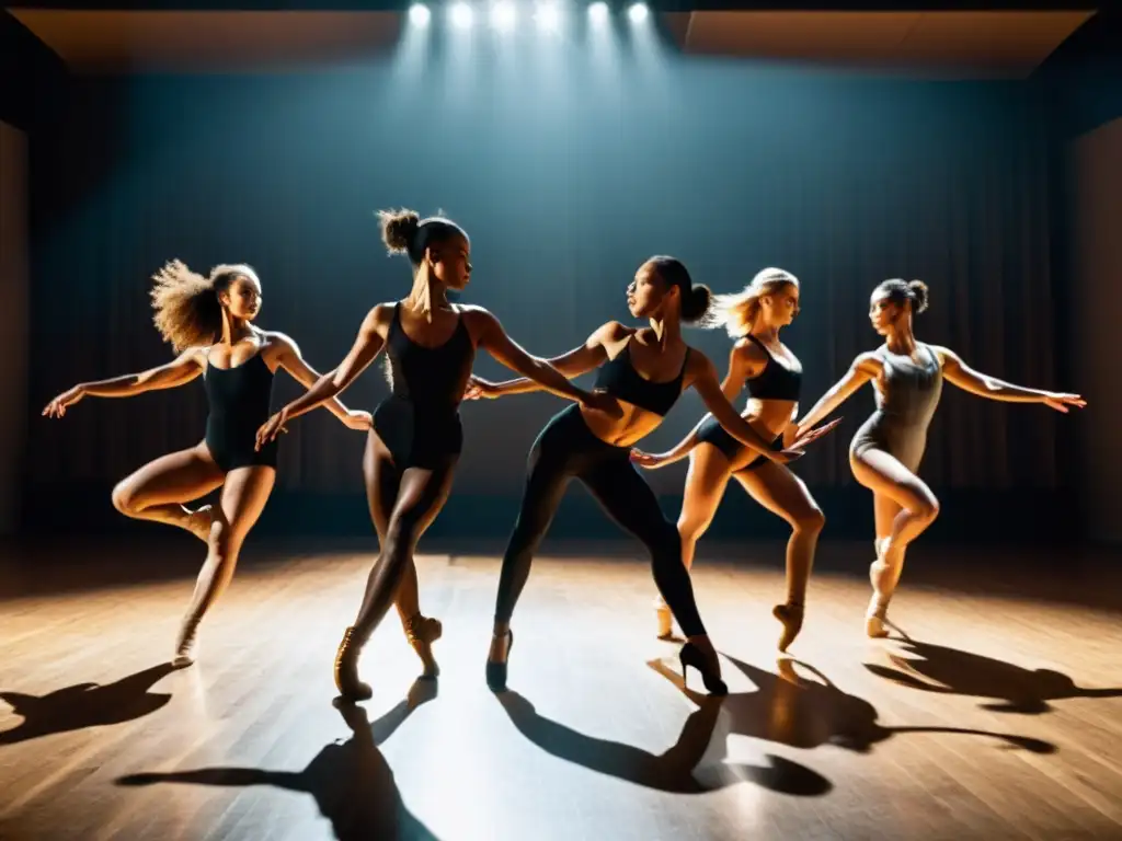 Grupo de bailarines en estudio, expresando comunicación a través de la danza con movimientos intrincados y emotivos, capturados en alta definición