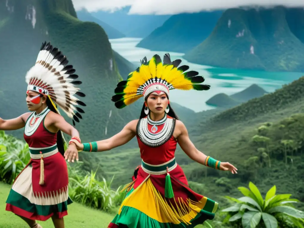 Grupo de bailarines étnicos realizando una danza ceremonial en las montañas, transmitiendo la protección legal de las danzas étnicas históricas