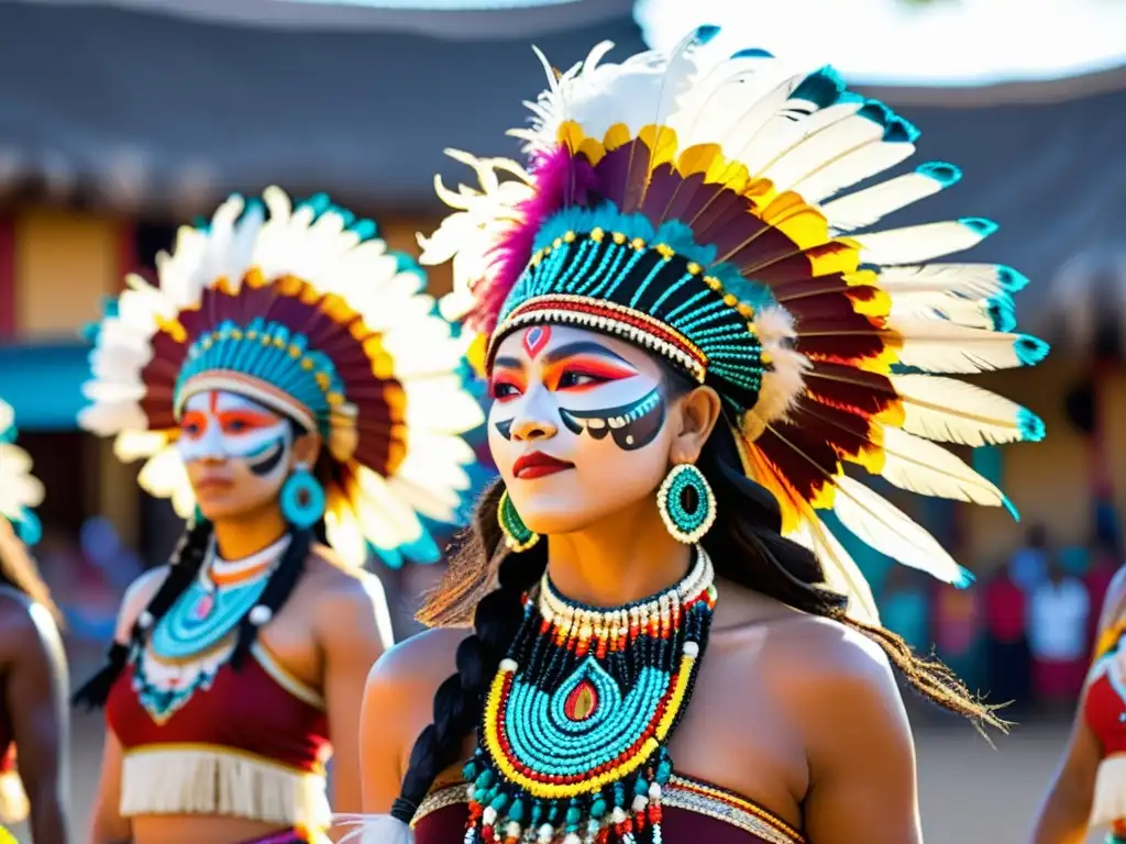 Grupo de bailarines étnicos con tocados de plumas y bordados coloridos, representando el significado de sus tradiciones culturales