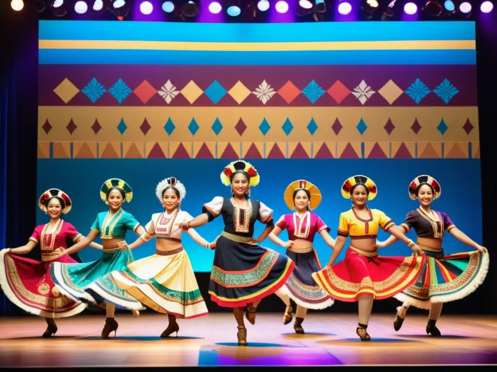 Grupo de bailarines étnicos con trajes vibrantes y movimientos sincronizados en un escenario