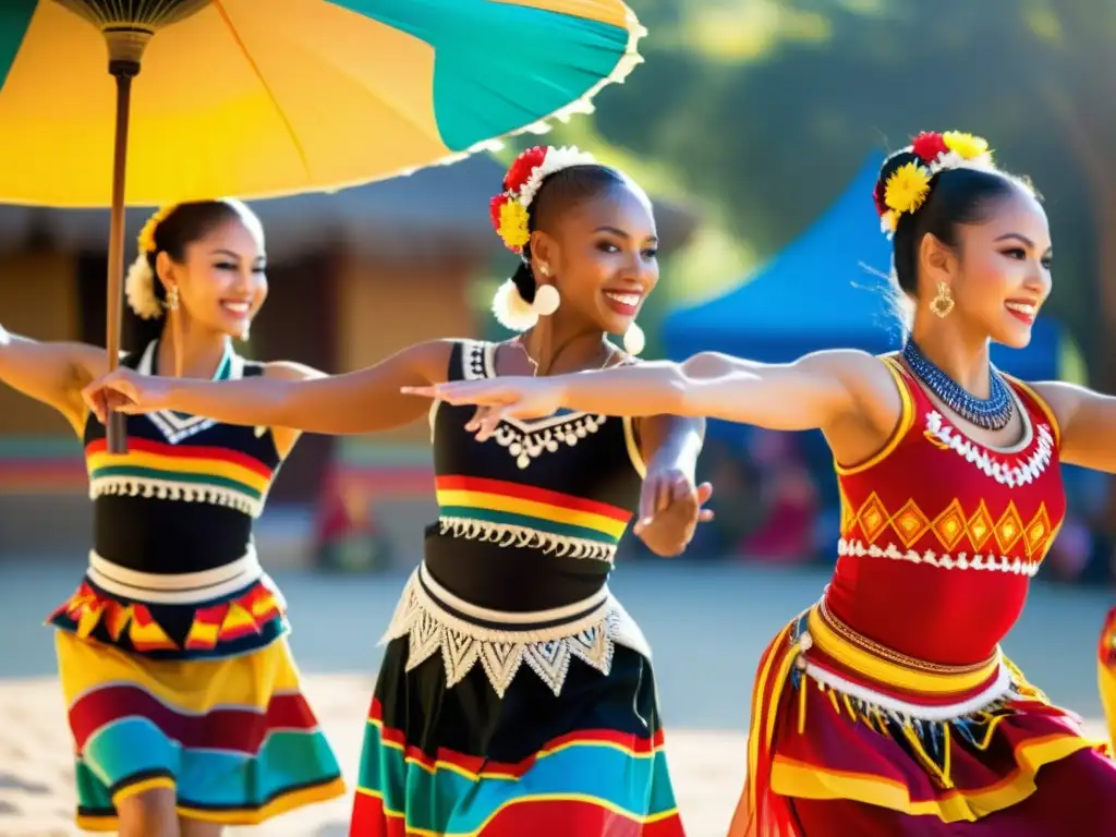 Grupo de bailarines étnicos con trajes vibrantes realizando una danza sincronizada al aire libre, rodeados de decoraciones culturales