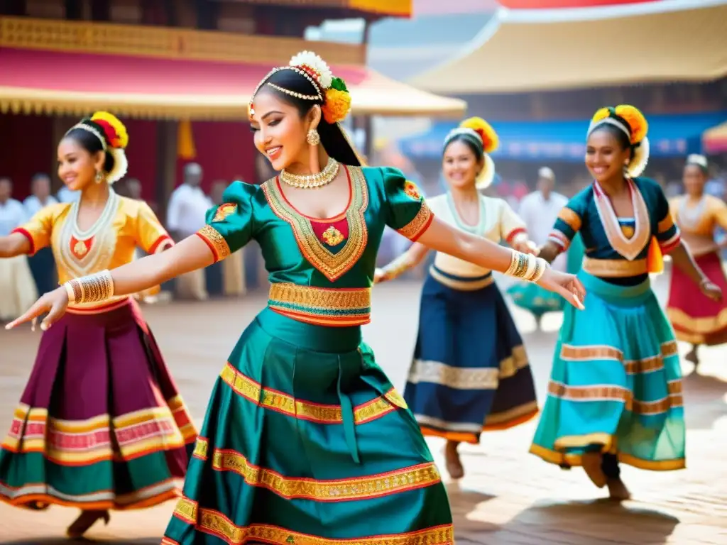 Un grupo de bailarines étnicos con trajes tradicionales danzando en un mercado bullicioso, mostrando la riqueza cultural