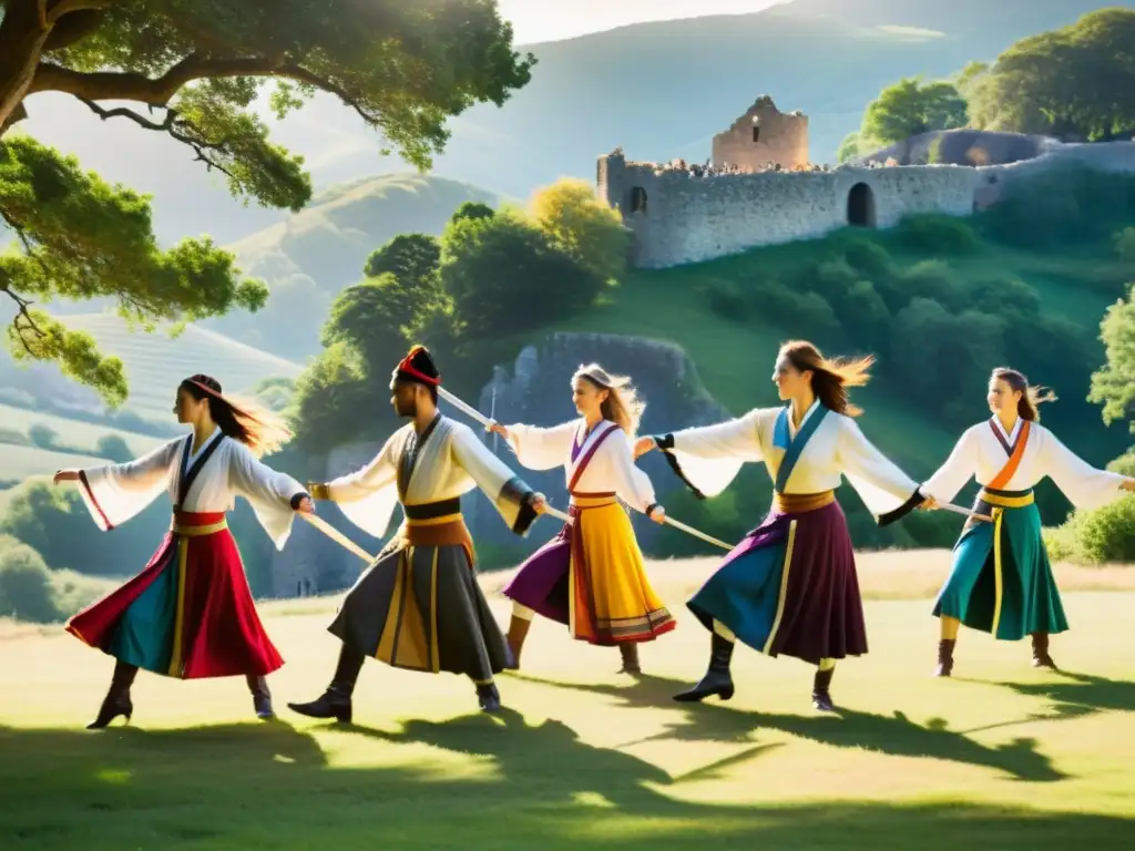 Grupo de bailarines europeos realizando danza de espadas, con trajes coloridos y paisaje histórico