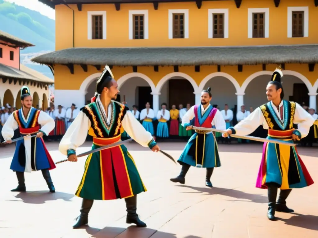 Grupo de bailarines europeos realizando la Danza de las Espadas con trajes tradicionales coloridos, en una plaza histórica