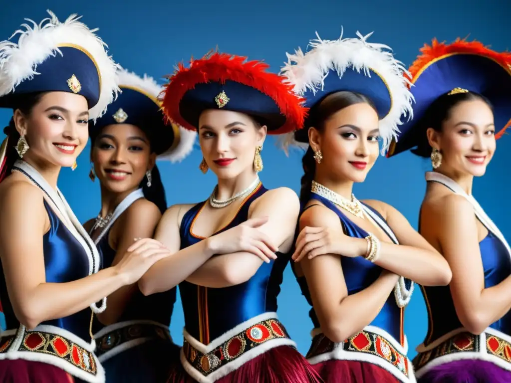 Un grupo de bailarines europeos destaca la riqueza cultural de sus sombreros tradicionales mientras exudan gracia y confianza