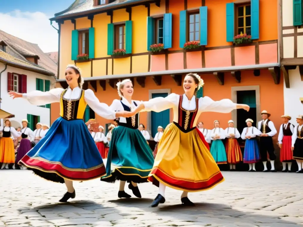 Un grupo de bailarines europeos tradicionales en trajes coloridos y elaborados realizando la enérgica Gigue en una plaza europea