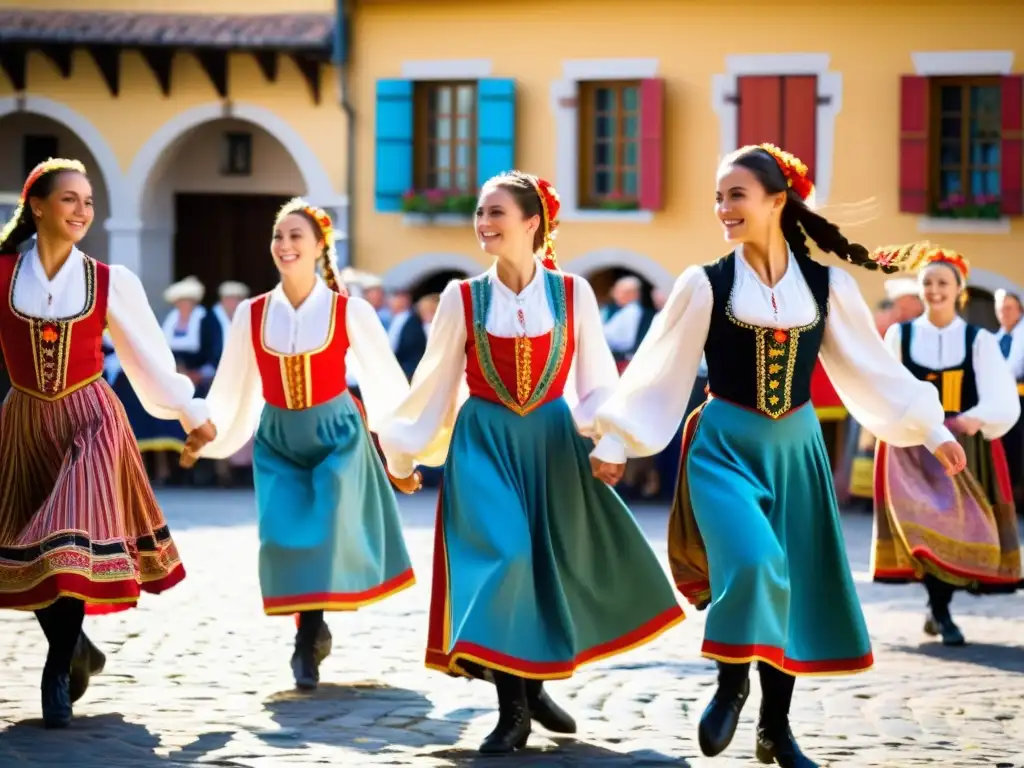 Un grupo de bailarines europeos tradicionales, con trajes vibrantes, realizando una danza folclórica en una plaza soleada