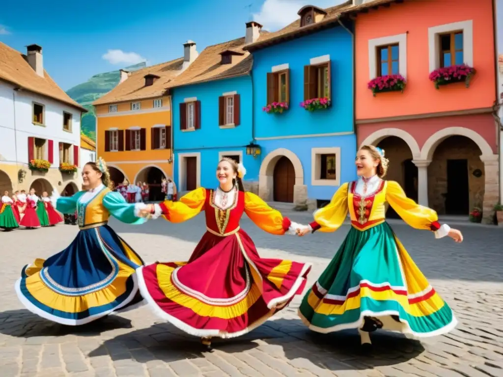 Grupo de bailarines europeos con trajes coloridos y detallados, danzando en una plaza histórica