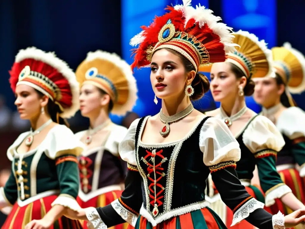 Grupo de bailarines europeos con trajes tradicionales y sombreros coloridos, expresando la pasión y el significado cultural de la danza europea