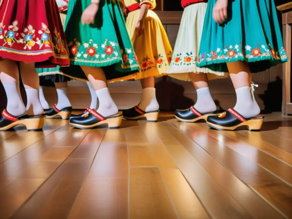 Un grupo de bailarines europeos en trajes tradicionales, con calzado tradicional de danza europea, bailando con entusiasmo en un salón rústico y tenue