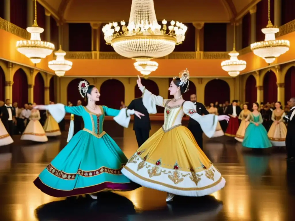 Grupo de bailarines expertos realizando la zarabanda y otras danzas cortesanas en un lujoso salón, capturando el significado cultural de danzas tradicionales