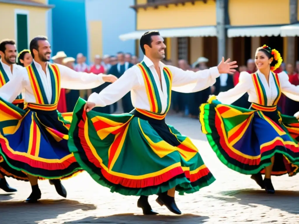 Grupo de bailarines expertos del fandango portugués, con trajes tradicionales coloridos, ejecutando movimientos sincronizados con pasión y técnica folklore