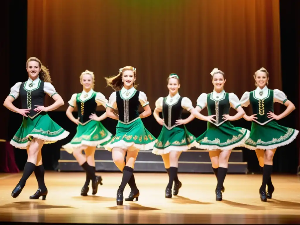 Un grupo de bailarines expertos realiza el intrincado Irish Step Dance en un escenario vibrante, al ritmo de la música celta