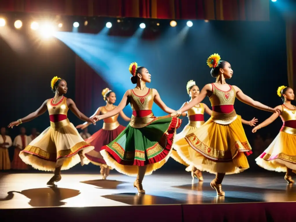 Grupo de bailarines expresivos ejecutando coreografías en un escenario festivo iluminado