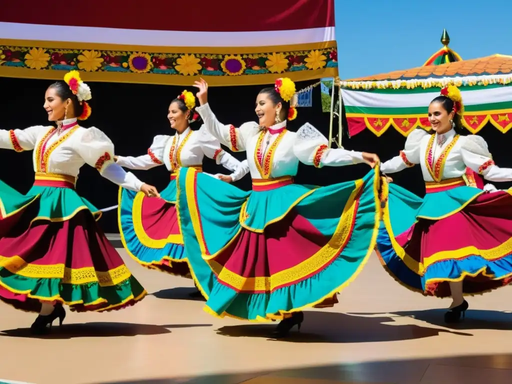 Grupo de bailarines de fandango portugués en trajes vibrantes, expresando pasión y alegría en un escenario festivo iluminado por luz dorada