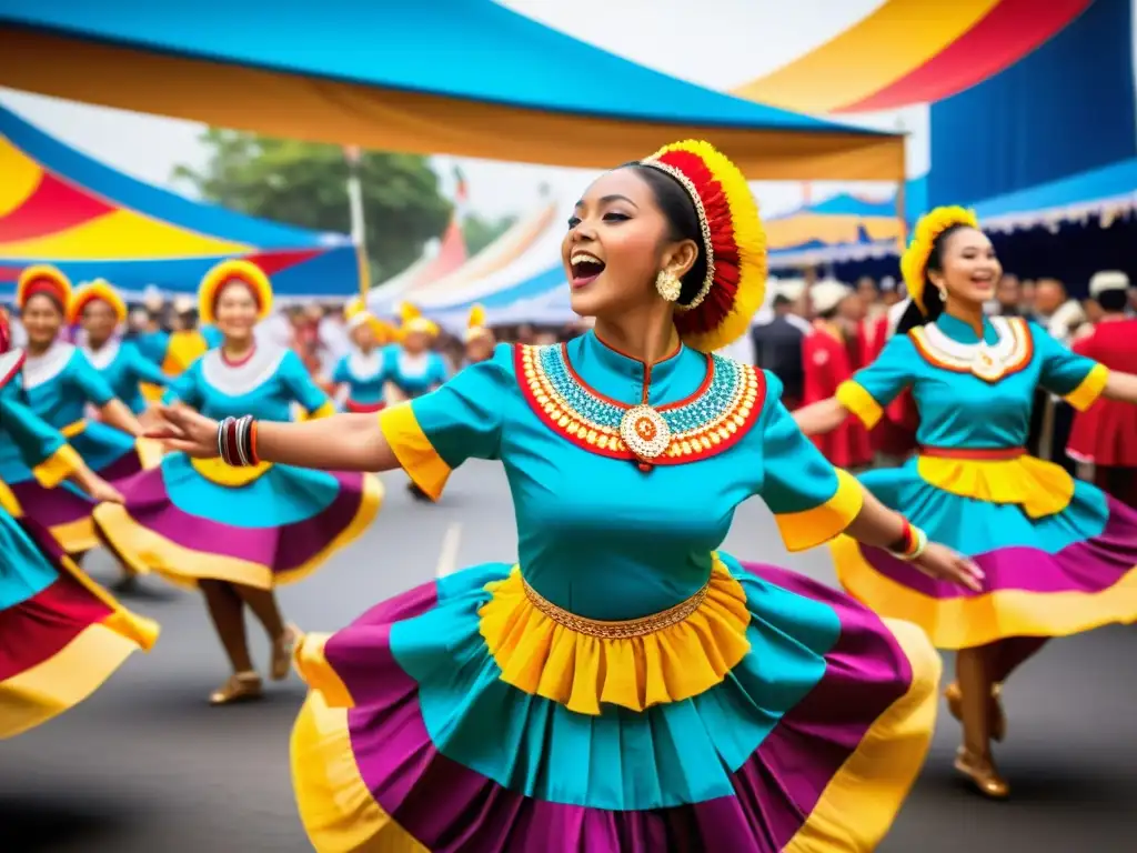 Grupo de bailarines en festival cultural, aprendiendo la sincronía de danzas típicas con alegría y colorido