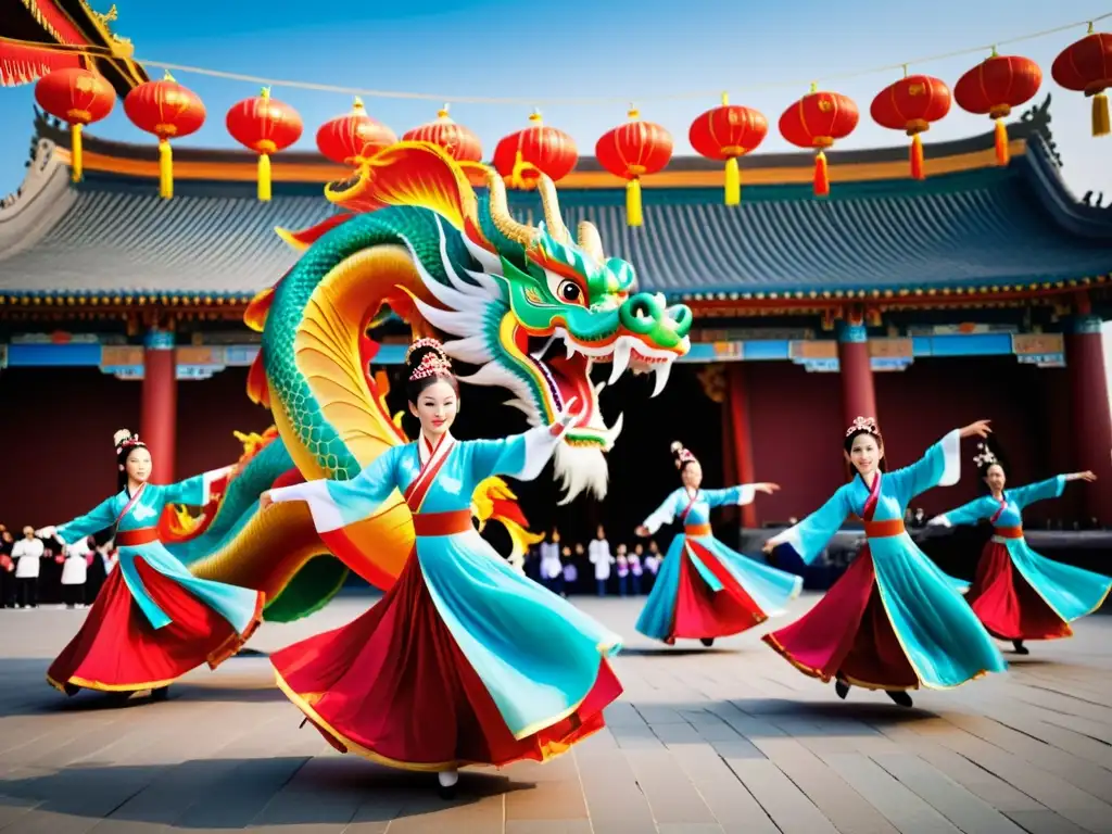 Grupo de bailarines en el Festival de Danza del Dragón Qingdao, con trajes tradicionales chinos, realizando la impresionante Danza del Dragón en las calles históricas
