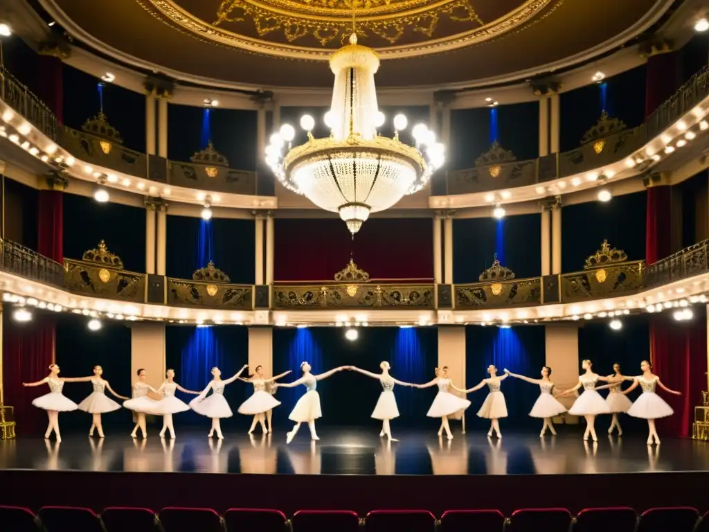 Grupo de bailarines en el Festival de Danza de Varna, expresando significado cultural con elegante coreografía y vestuario tradicional, cautivando a la audiencia en un teatro histórico