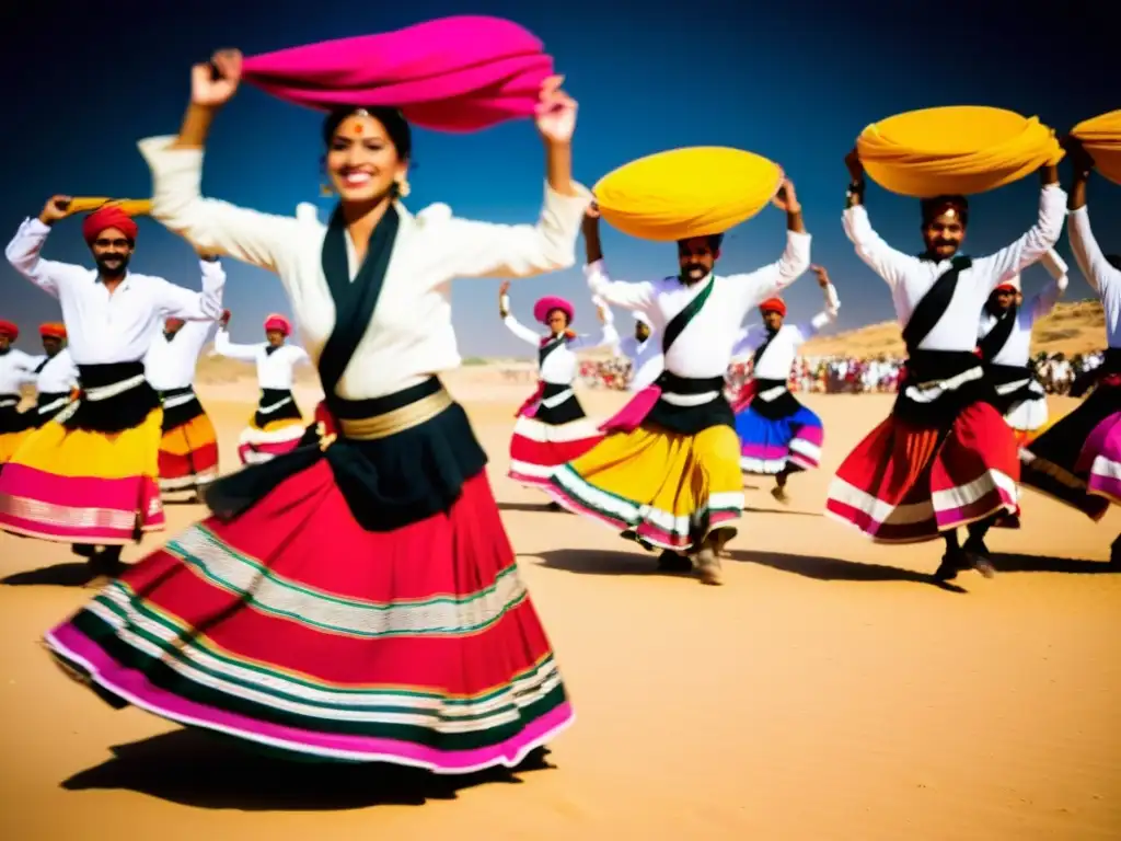 Grupo de bailarines Kalbelia en Festival de Danza Jaisalmer desierto, con trajes coloridos danzando en el desierto dorado de Jaisalmer