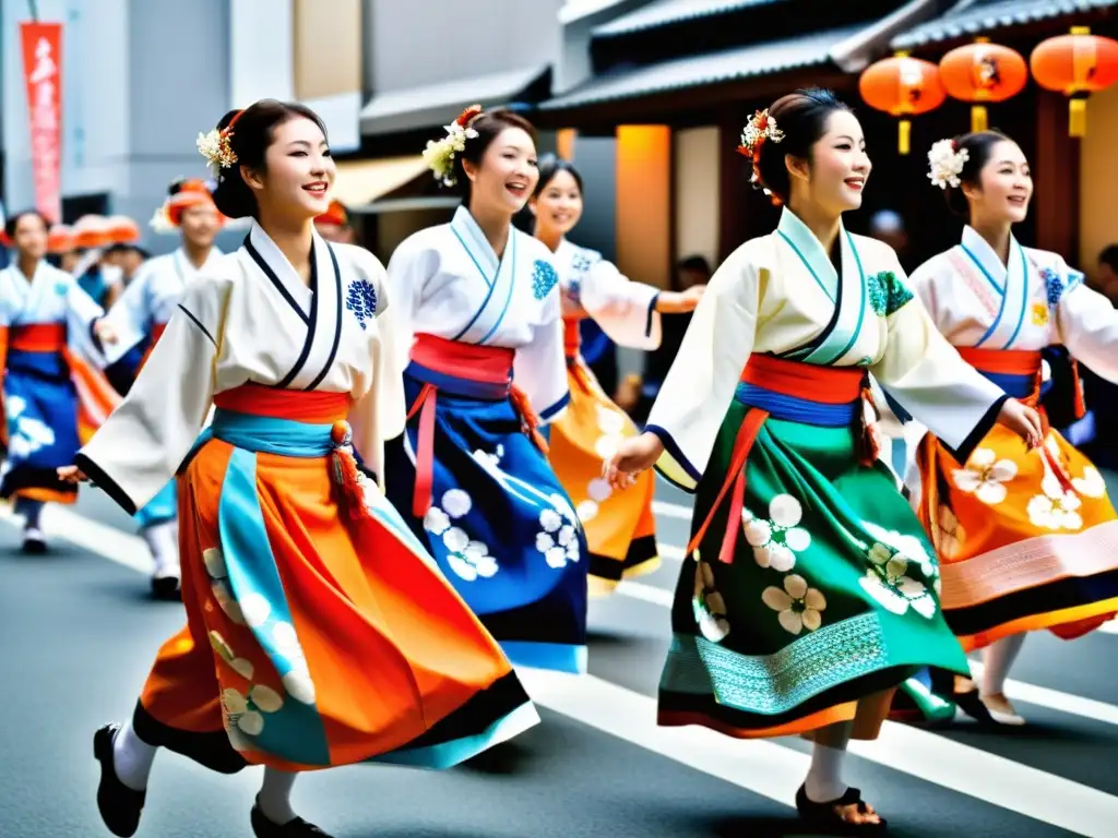 Grupo de bailarines en el Festival de Danza de Awa Japón, con trajes tradicionales y movimientos gráciles, bajo el cálido sol de Tokushima City