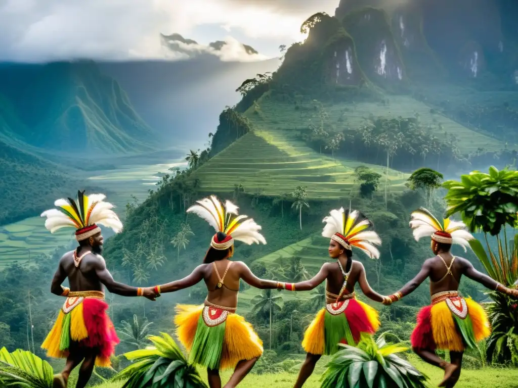 Grupo de bailarines en el Festival de Danzas Tradicionales en Papúa Nueva Guinea, danza vibrante entre la exuberante naturaleza y montañas imponentes