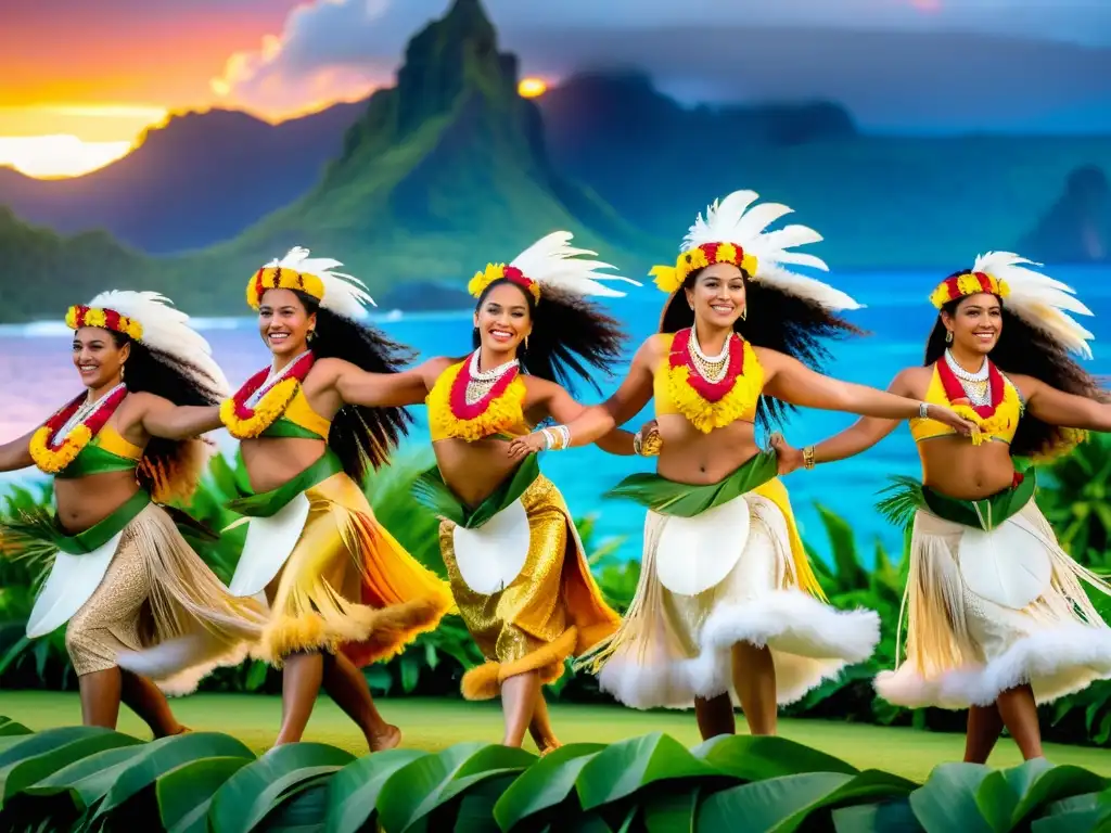 Grupo de bailarines en el Festival de Danzas Polinesias Heiva I Tahiti, con trajes tradicionales y colorido escenario al atardecer