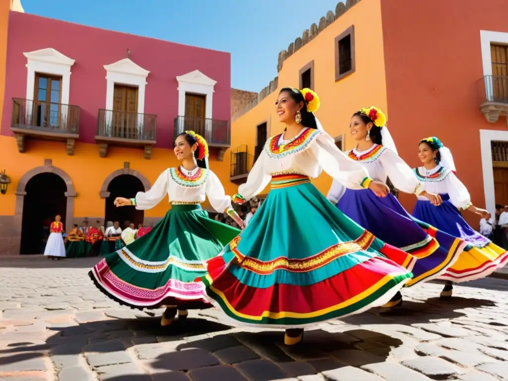 Grupo de bailarines en el Festival Internacional Folklore Zacatecas, con trajes coloridos y zapateado vibrante entre la arquitectura histórica