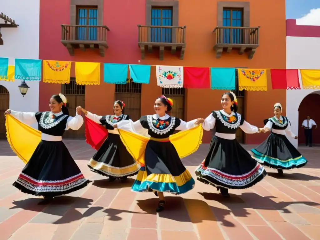 Grupo de bailarines en el Festival Internacional de Folklore Zacatecas, presentando el zapateado mexicano con trajes vibrantes y papel picado al fondo