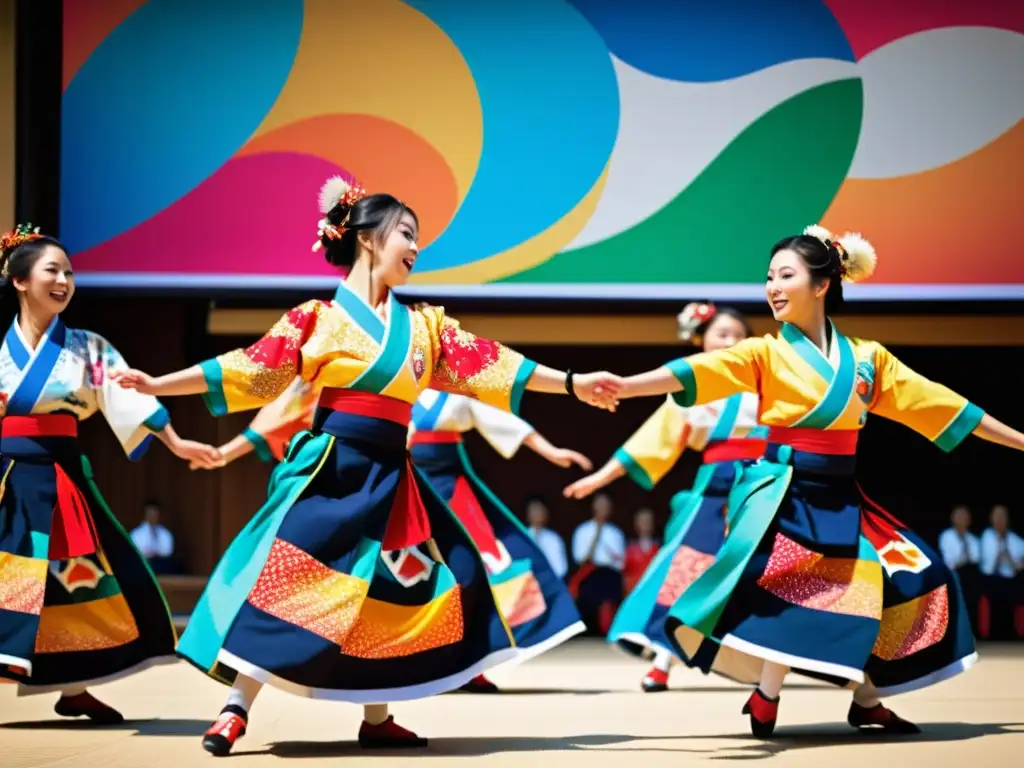 Grupo de bailarines del Festival Awa Odori Tokushima, expresando energía y gracia en trajes tradicionales vibrantes y coloridos