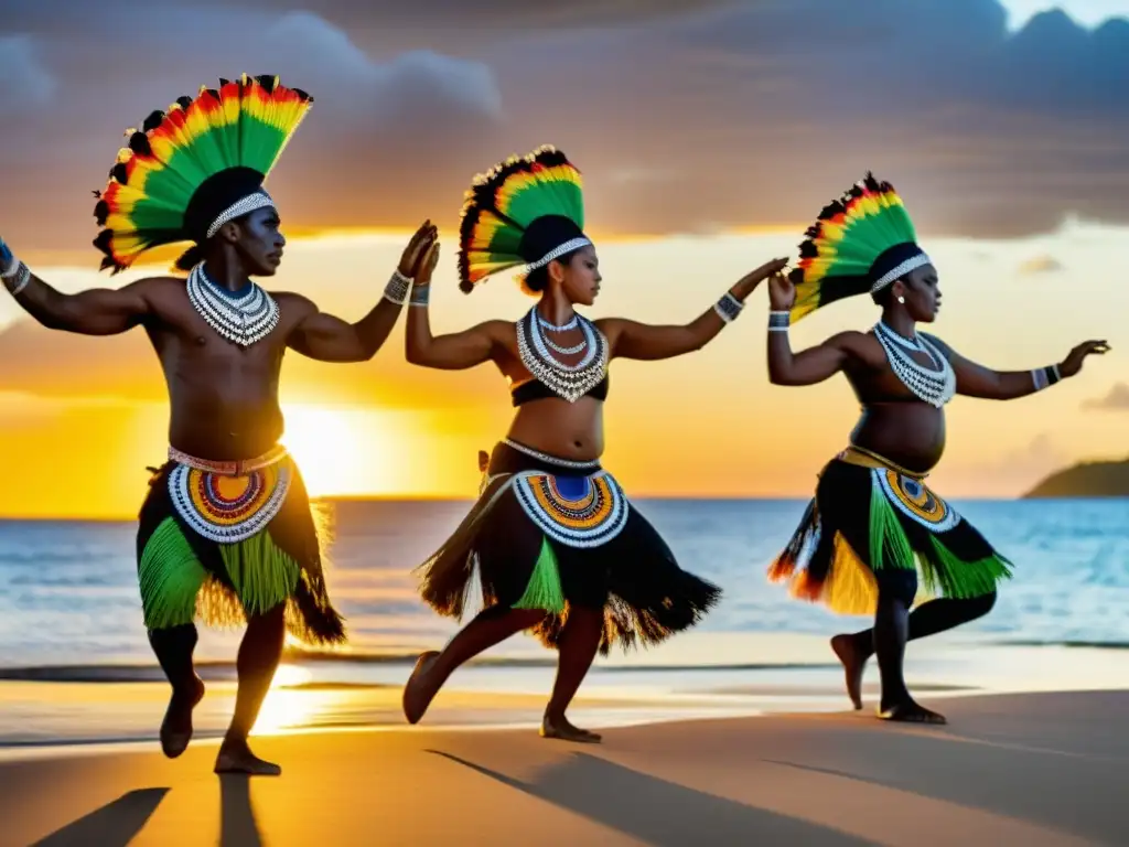 Grupo de bailarines del Festival Nacional Yam con trajes tradicionales, movimientos poderosos y energía cultural en la isla Torres Strait