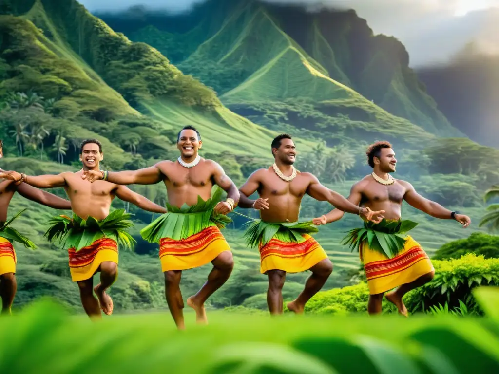 Un grupo de bailarines fijianos ejecutando una danza tradicional en un paisaje exuberante