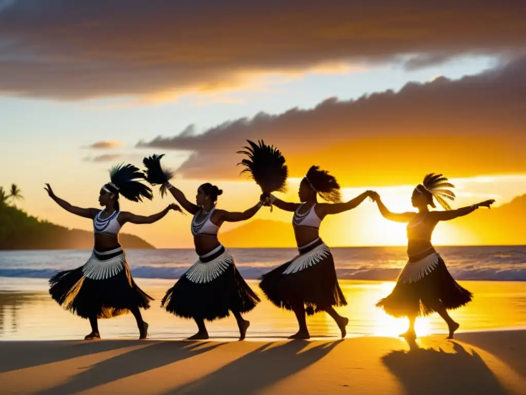 Grupo de bailarines fijianos realizando la danza Ula al atardecer en la playa