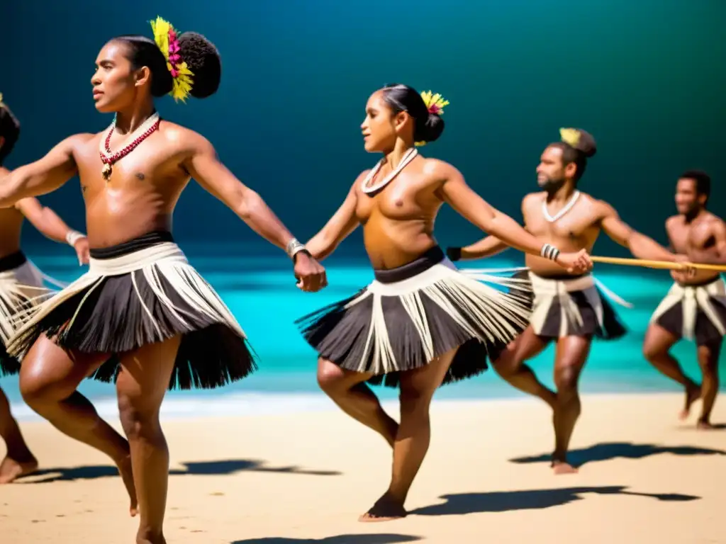 Grupo de bailarines fijianos ejecutando la danza del Lali, mostrando coordinación y energía en sus movimientos