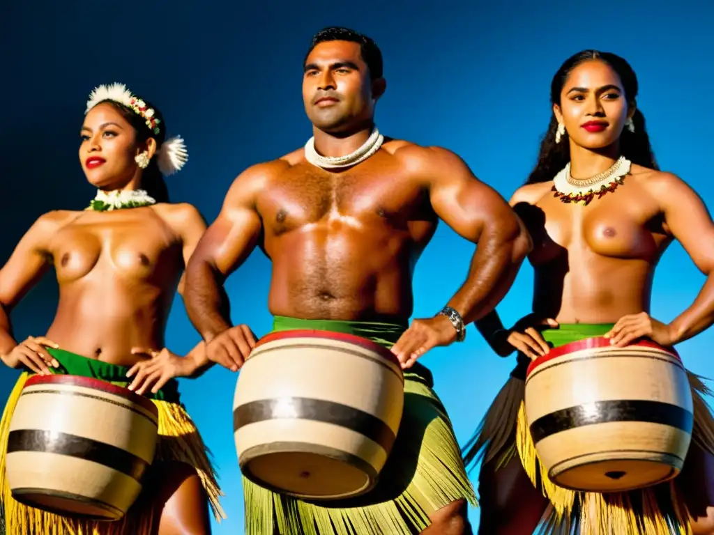 Grupo de bailarines fijianos ejecutando la danza tradicional del Lali con coordinación en el exuberante paisaje de Fiji