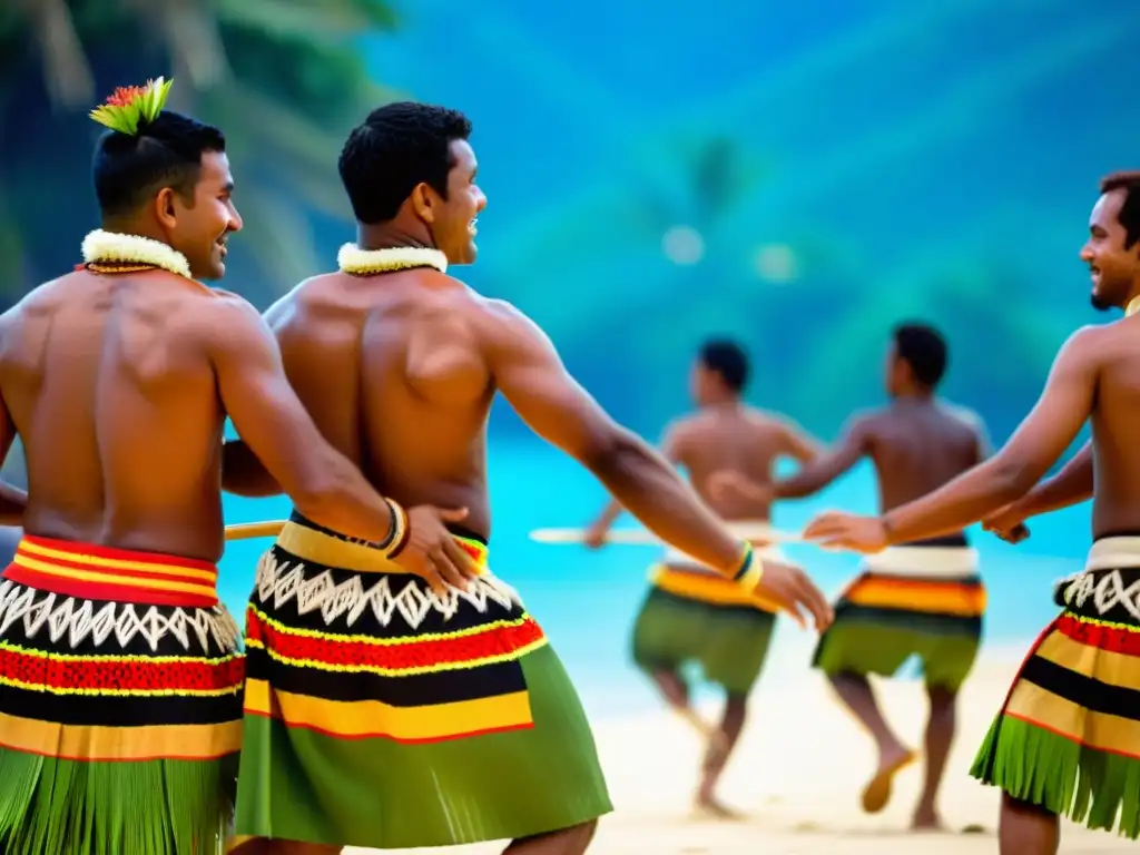 Grupo de bailarines fijianos ejecutando la danza tradicional Lali de Fiyi, mostrando coordinación y gracia en vibrantes trajes