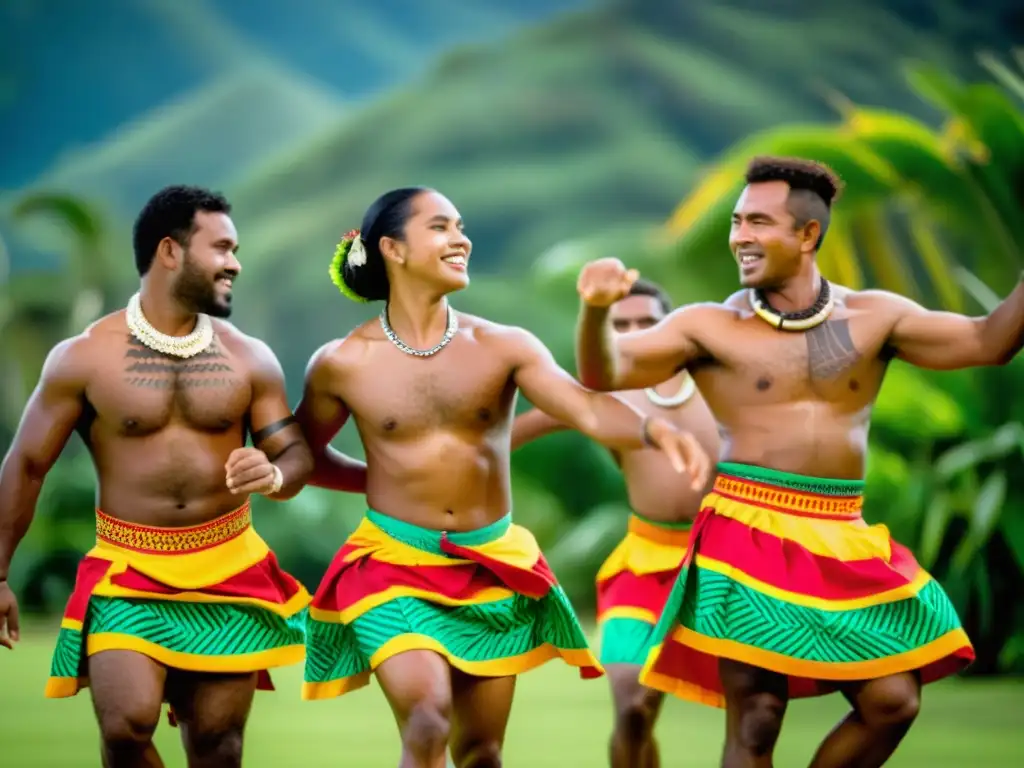 Un grupo de bailarines fijianos interpretando diseños en sus trajes tradicionales mientras danzan en un exuberante paisaje tropical