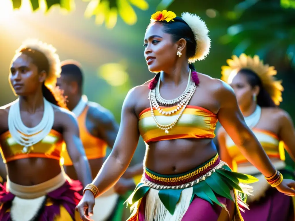 Un grupo de bailarines fijianos interpretando diseños vibrantes y patrones en trajes tradicionales, irradiando pasión y gracia