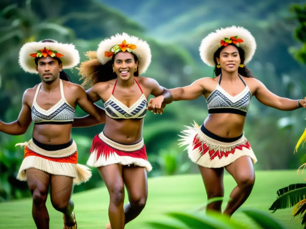 Un grupo de bailarines fijianos interpreta diseños en su vestimenta durante una danza tradicional en un exuberante paisaje tropical