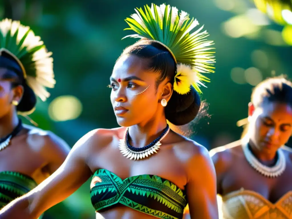 Grupo de bailarines fijianos interpretando el Meke de Fiji con pasión y orgullo, rodeados de exuberante naturaleza