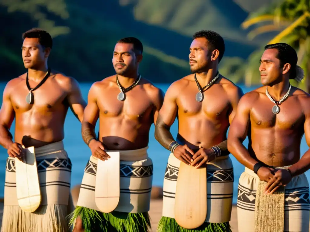 Grupo de bailarines fijianos danzando el Meke Fijiano al atardecer, con trajes tradicionales y significado cultural del Meke Fijiano